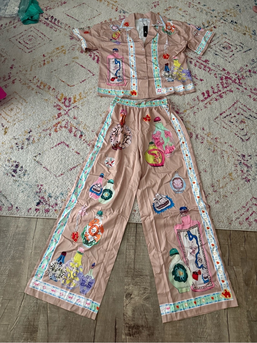 Tan / Pink Illustrated Two-Piece Set